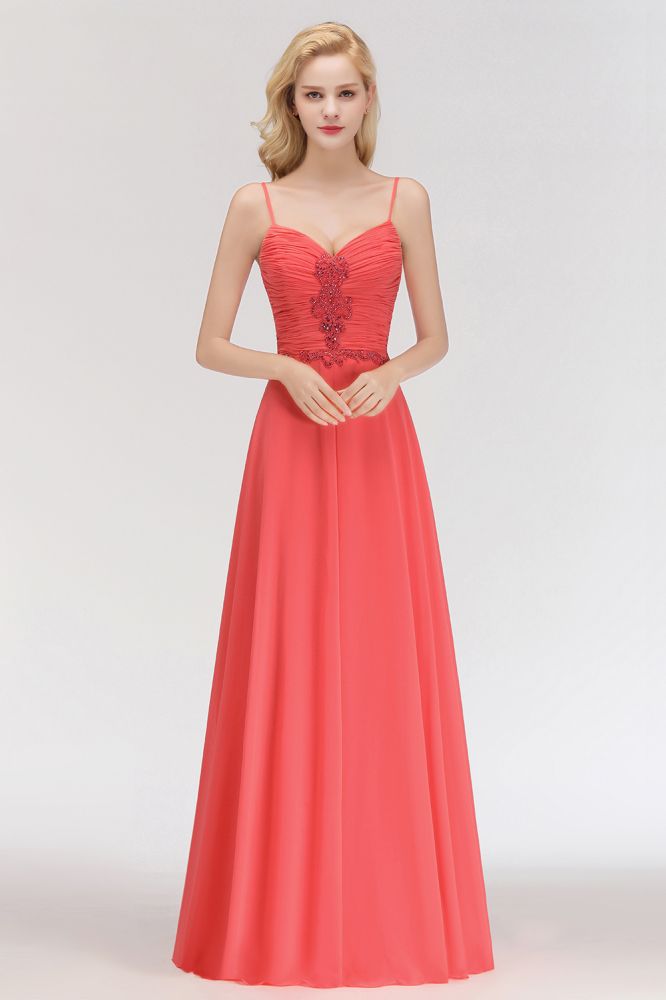 Looking for Bridesmaid Dresses in 100D Chiffon,Lace, A-line style, and Gorgeous Lace,Rhinestone work  MISSHOW has all covered on this elegant Spaghetti Straps Chiffon Aline Evening Maxi Gown Sleeveless Beading Bridesmaid Dress.