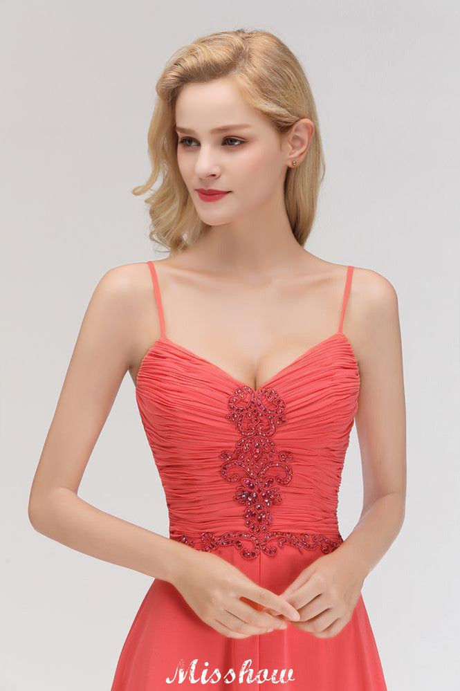 Looking for Bridesmaid Dresses in 100D Chiffon,Lace, A-line style, and Gorgeous Lace,Rhinestone work  MISSHOW has all covered on this elegant Spaghetti Straps Chiffon Aline Evening Maxi Gown Sleeveless Beading Bridesmaid Dress.