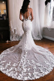 Spaghetti Straps Mermaid Floor Length Lace Wedding Dress with Chapel Train-misshow.com
