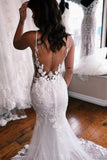 Spaghetti Straps Mermaid Floor Length Lace Wedding Dress with Chapel Train-misshow.com