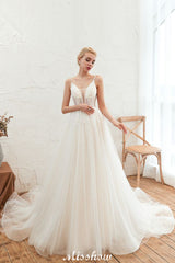 Looking for  in Tulle, A-line,Ball Gown style, and Gorgeous Beading,Flower(s) work  MISSHOW has all covered on this elegant Spaghetti Straps Plunging V-Neck Wedding Dress Low Back Champagne Bridal Gown