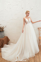 Looking for  in Tulle, A-line,Ball Gown style, and Gorgeous Beading,Flower(s) work  MISSHOW has all covered on this elegant Spaghetti Straps Plunging V-Neck Wedding Dress Low Back Champagne Bridal Gown