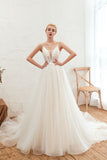 Spaghetti Straps Plunging V-Neck Wedding Dress Low Back Champagne Bridal Gown