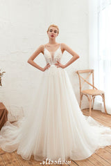 Looking for  in Tulle, A-line,Ball Gown style, and Gorgeous Beading,Flower(s) work  MISSHOW has all covered on this elegant Spaghetti Straps Plunging V-Neck Wedding Dress Low Back Champagne Bridal Gown