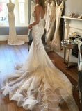 Spaghetti Straps Pretty Mermaid Appliqued V-neck Tulle Elegant Wedding Dresses