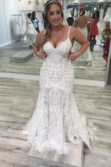 Spaghetti Straps Pretty Mermaid V Neck Backless Lace Elegant Wedding Dresses