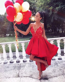 Spaghetti Straps Red High-low A-line Lace V-neck Homecoming Dress-misshow.com