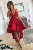 Spaghetti Straps Red High-low A-line Lace V-neck Homecoming Dress