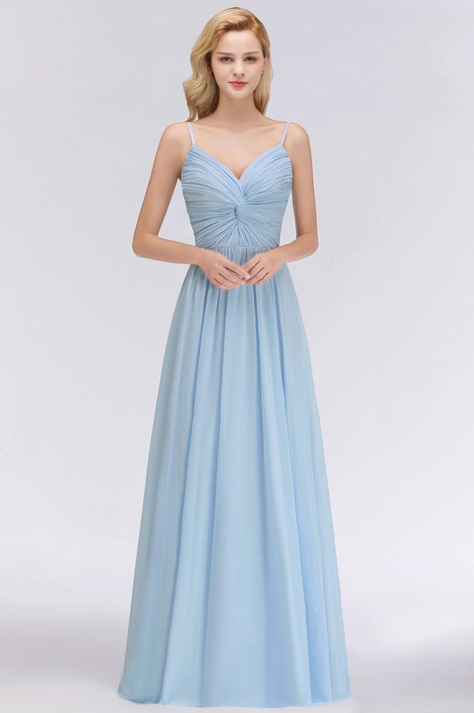Spaghetti Straps Ruggle Chiffon Bridesmaid Dress Sky Blue A-line Wedding Party Dress | MISSHOW Spaghetti Straps Ruggle Chiffon Bridesmaid Dress Sky Blue A-line Wedding Party Dress | MISSHOW