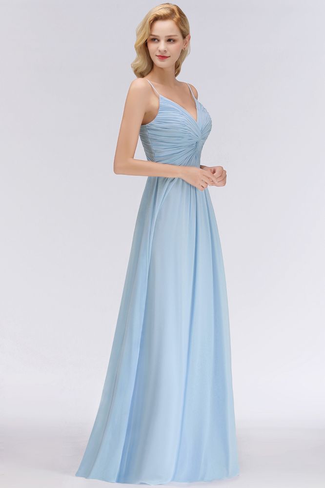 Spaghetti Straps Ruggle Chiffon Bridesmaid Dress Sky Blue A-line Wedding Party Dress | MISSHOW Spaghetti Straps Ruggle Chiffon Bridesmaid Dress Sky Blue A-line Wedding Party Dress | MISSHOW