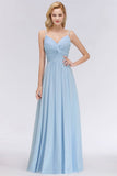 Spaghetti Straps Ruggle Chiffon Bridesmaid Dress Sky Blue A-line Wedding Party Dress