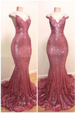Spaghetti-Straps Sequins Prom Dress Mermaid Long-misshow.com