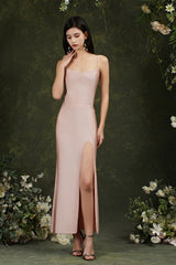 Spaghetti Straps Sleeveless Mermaid Front-Split Satin Prom Dresses-misshow.com