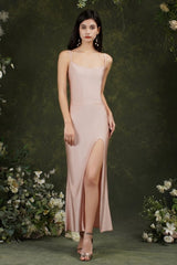 Spaghetti Straps Sleeveless Mermaid Front-Split Satin Prom Dresses-misshow.com