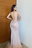 Spaghetti Straps V Neck Sequined High-Split Mermaid Prom Dresses-misshow.com
