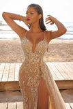 Spaghetti Straps V Neck Tulle Appliques Lace High-Split Mermaid Prom Dresses-misshow.com