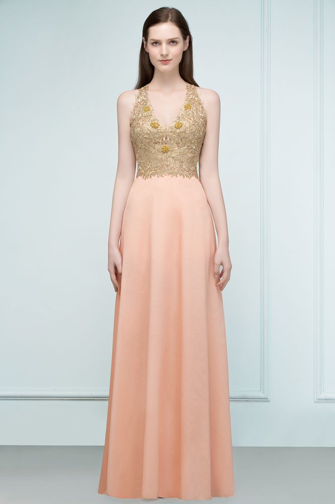 MISSHOW offers Spaghetti V-neck A-line Floor Length Appliqued Chiffon Bridesmaid Dresses at a cheap price from Pearl Pink, 30D Chiffon to A-line Floor-length them. Stunning yet affordable Sleeveless Bridesmaid Dresses.