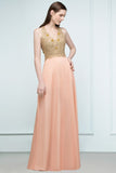 Spaghetti V-neck A-line Floor Length Appliqued Chiffon Bridesmaid Dresses