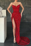 Sparkle Sexy Sleeveless Red Crystal Mermaid Split Prom Dresses-misshow.com