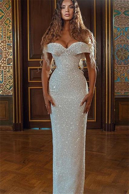 Sparkle White Off-the-shoulder Sequined Column Prom Dress-misshow.com