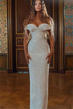 Sparkle White Off-the-shoulder Sequined Column Prom Dress