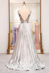 Sparkly A Line Deep V Neck Silver Long Prom Dress with Beading