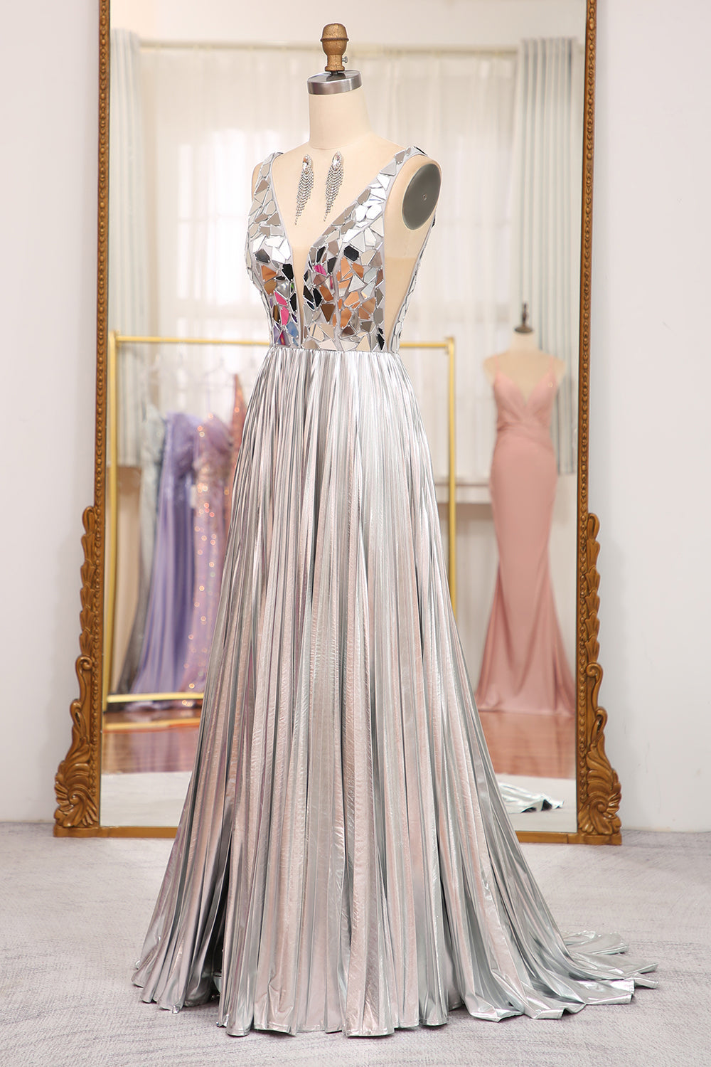Sparkly A Line Deep V Neck Silver Long Prom Dress with Beading