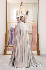 Sparkly A Line Deep V Neck Silver Long Prom Dress with Beading