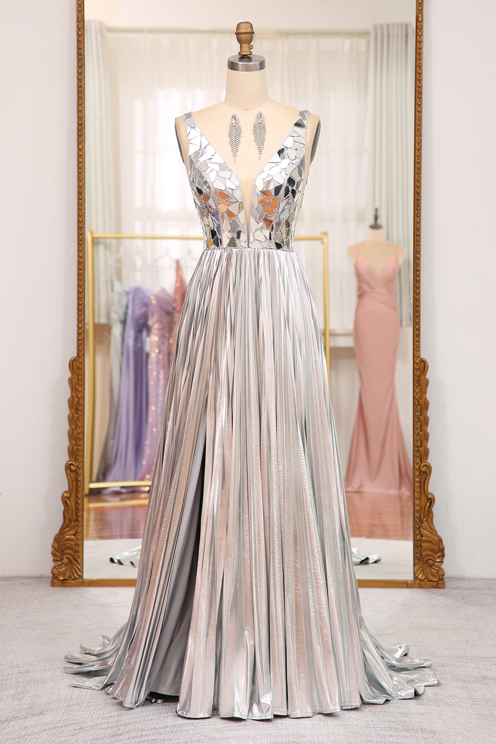 Sparkly A Line Deep V Neck Silver Long Prom Dress with Beading