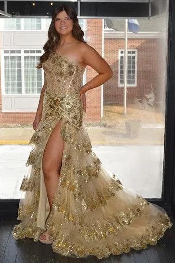 Sparkly A Line One Shoulder Navy Lace Corset Prom Dress with Ruffles