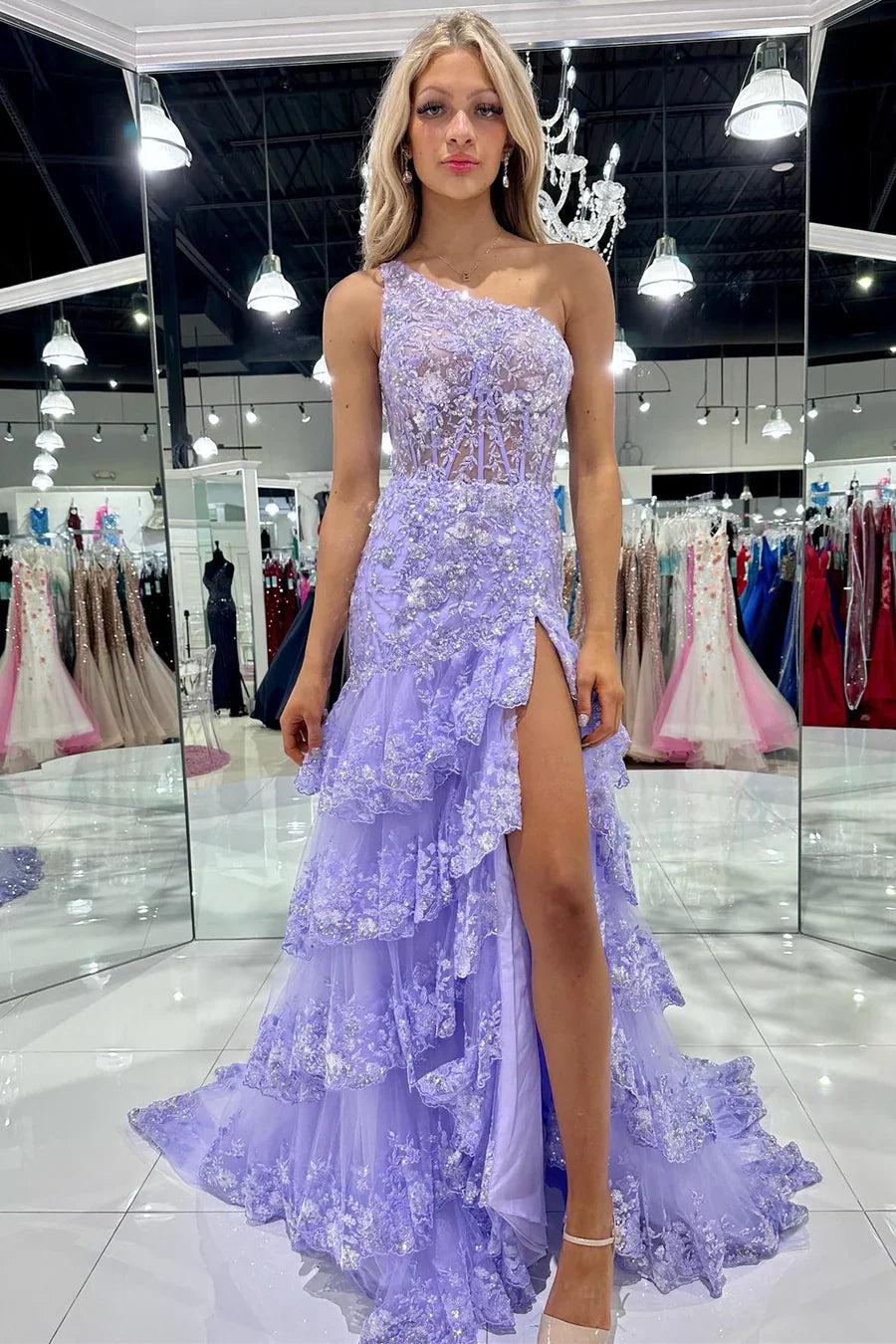 Sparkly A Line One Shoulder Navy Lace Corset Prom Dress with Ruffles