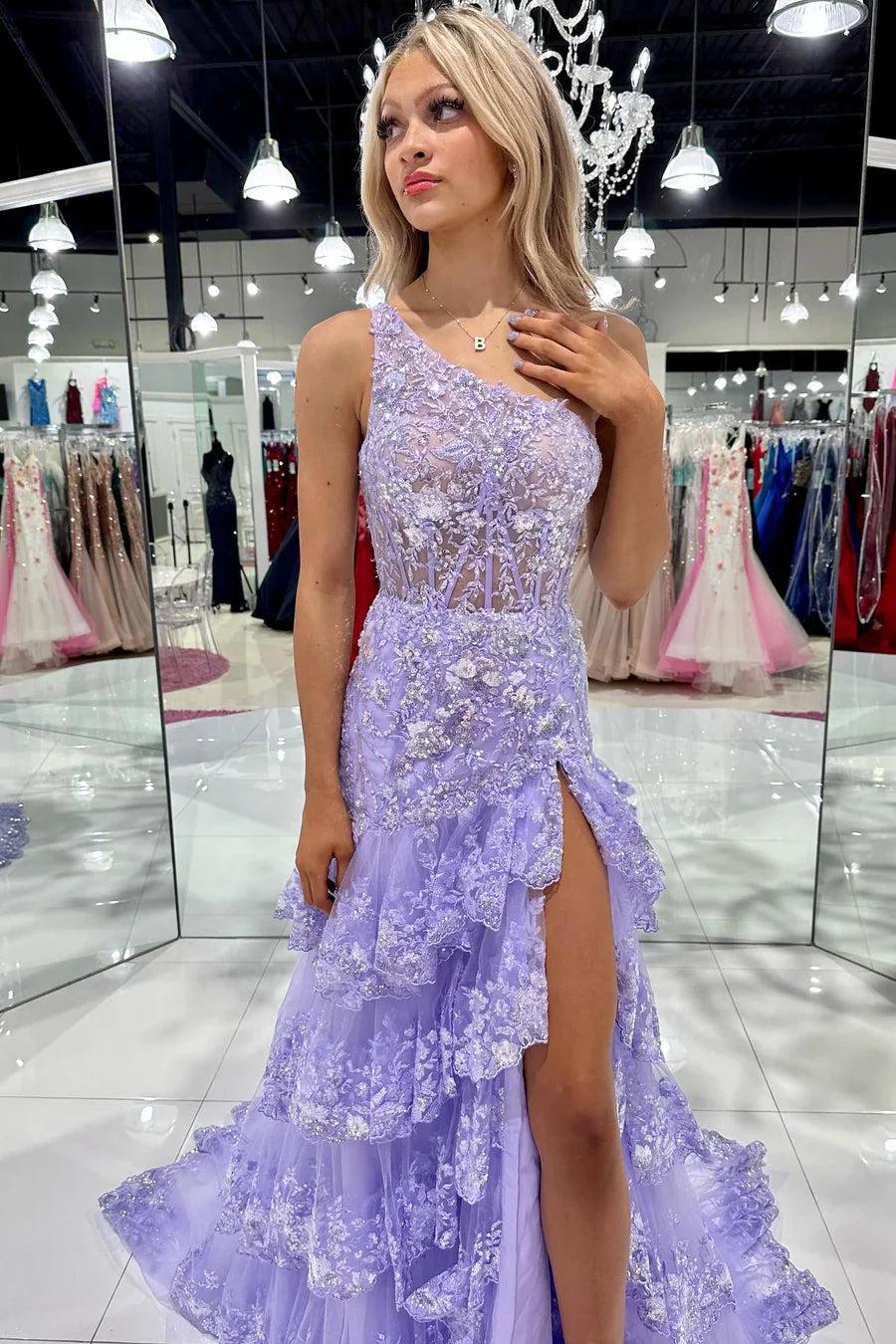 Sparkly A Line One Shoulder Navy Lace Corset Prom Dress with Ruffles