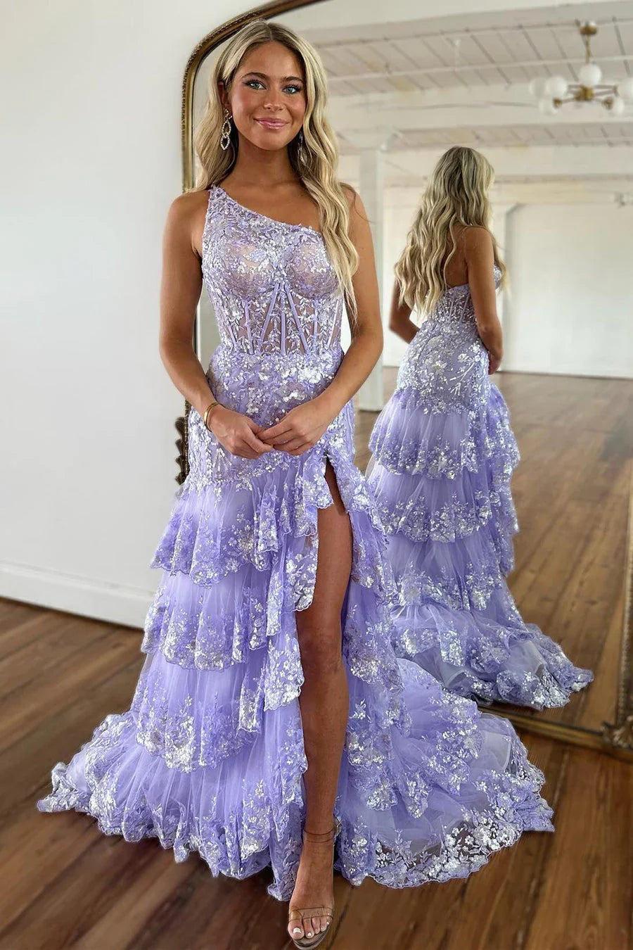 Sparkly A Line One Shoulder Navy Lace Corset Prom Dress with Ruffles