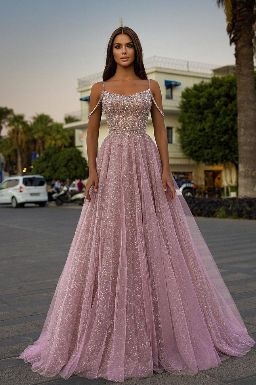 Sparkly Aline Spaghetti Strapes Floor-Length Prom Evening Dresses-misshow.com