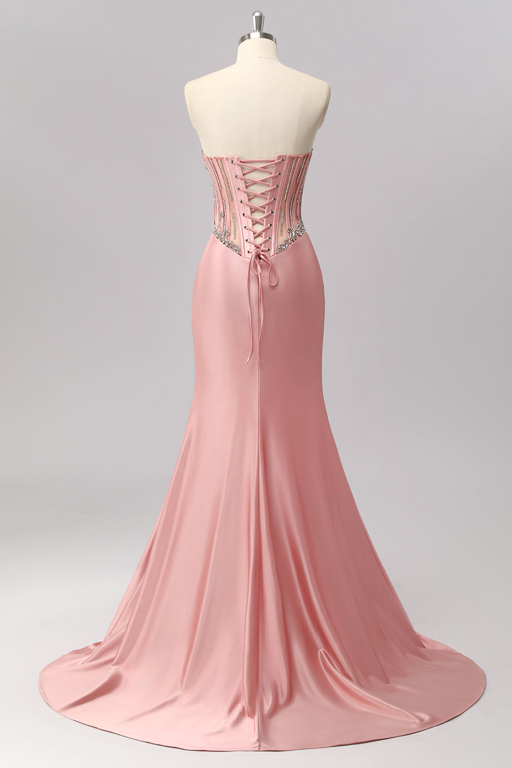 Sparkly Blush Strapless Mermaid Long Corset Prom Dress with Slit
