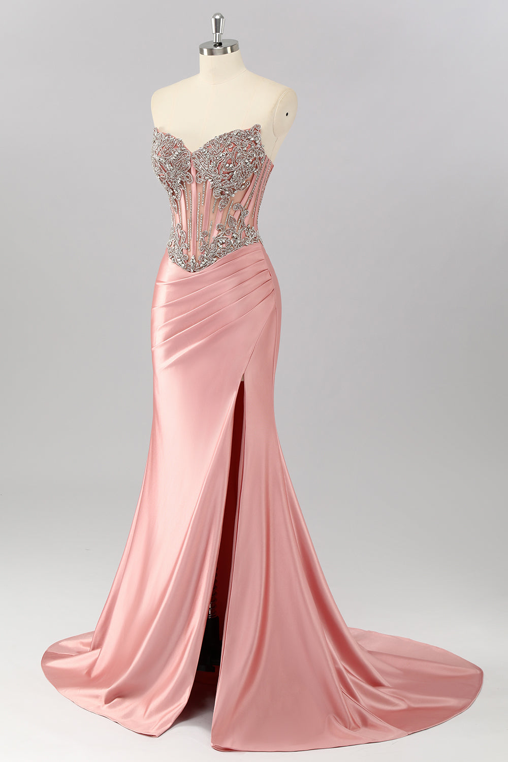 Sparkly Blush Strapless Mermaid Long Corset Prom Dress with Slit