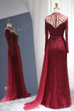 Sparkly Burgundy Long Sleeve Mermaid Prom Dresses Luxious Evening Gowns-misshow.com