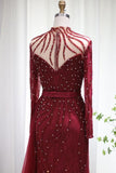 Sparkly Burgundy Long Sleeve Mermaid Prom Dresses Luxious Evening Gowns-misshow.com