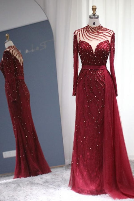 Sparkly Burgundy Long Sleeve Mermaid Prom Dresses Luxious Evening Gowns-misshow.com