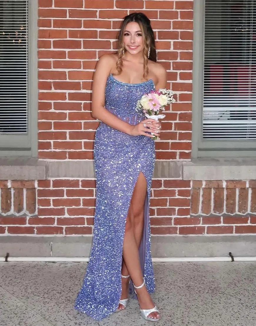 Sparkly Champagne Strapless Sequins Bodycon Long Corset Prom Dress with Beading