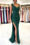 Sparkly Dark Green Long Prom Dresses Glitter Evening Dress With Slit