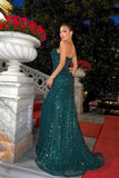 Sparkly Dark Green Spaghetti Straps Long Mermaid Prom Dresses Evening Gowns With Slit-misshow.com