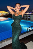 Sparkly Dark Green Spaghetti Straps Long Mermaid Prom Dresses Evening Gowns With Slit-misshow.com