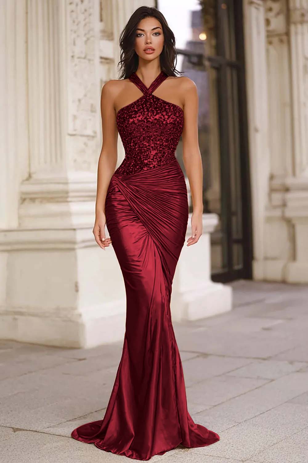 Sparkly Gold Mermaid Halter Ruched Long Prom Dress with Sequins
