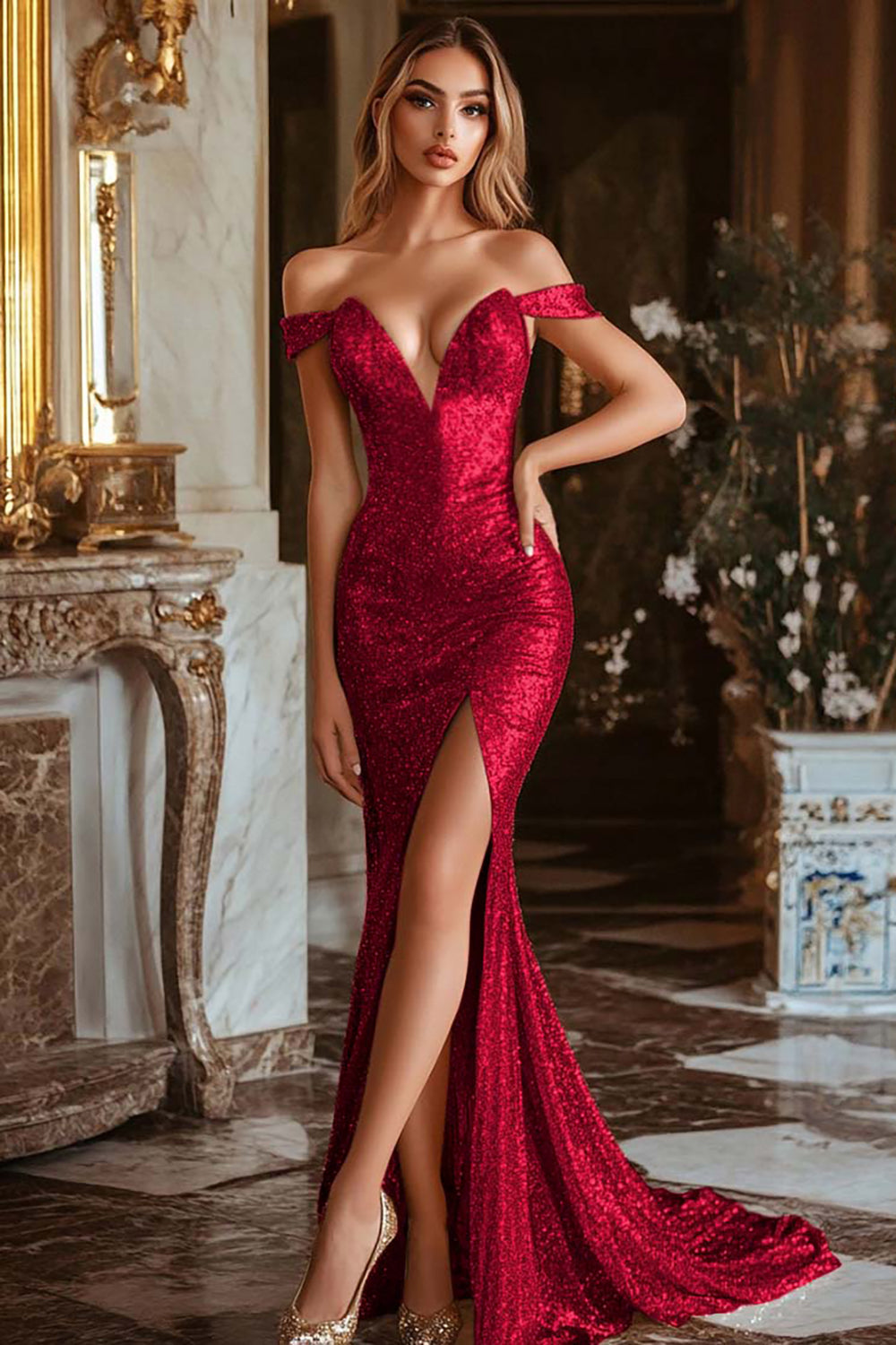 Sparkly Gold Sequin Off the Shoulder Mermaid Long Prom Dress with Slit