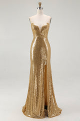 Sparkly Gold Sequins Mermaid Strapless Long Formal Dress with Slit