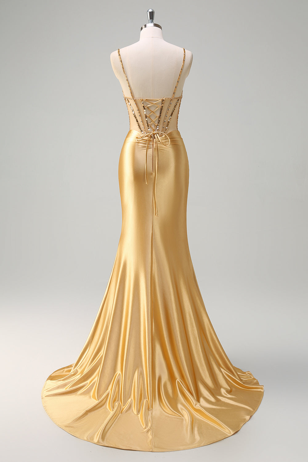Sparkly Gold Spaghetti Straps Satin Mermaid Long Corset Prom Dress with Sequins
