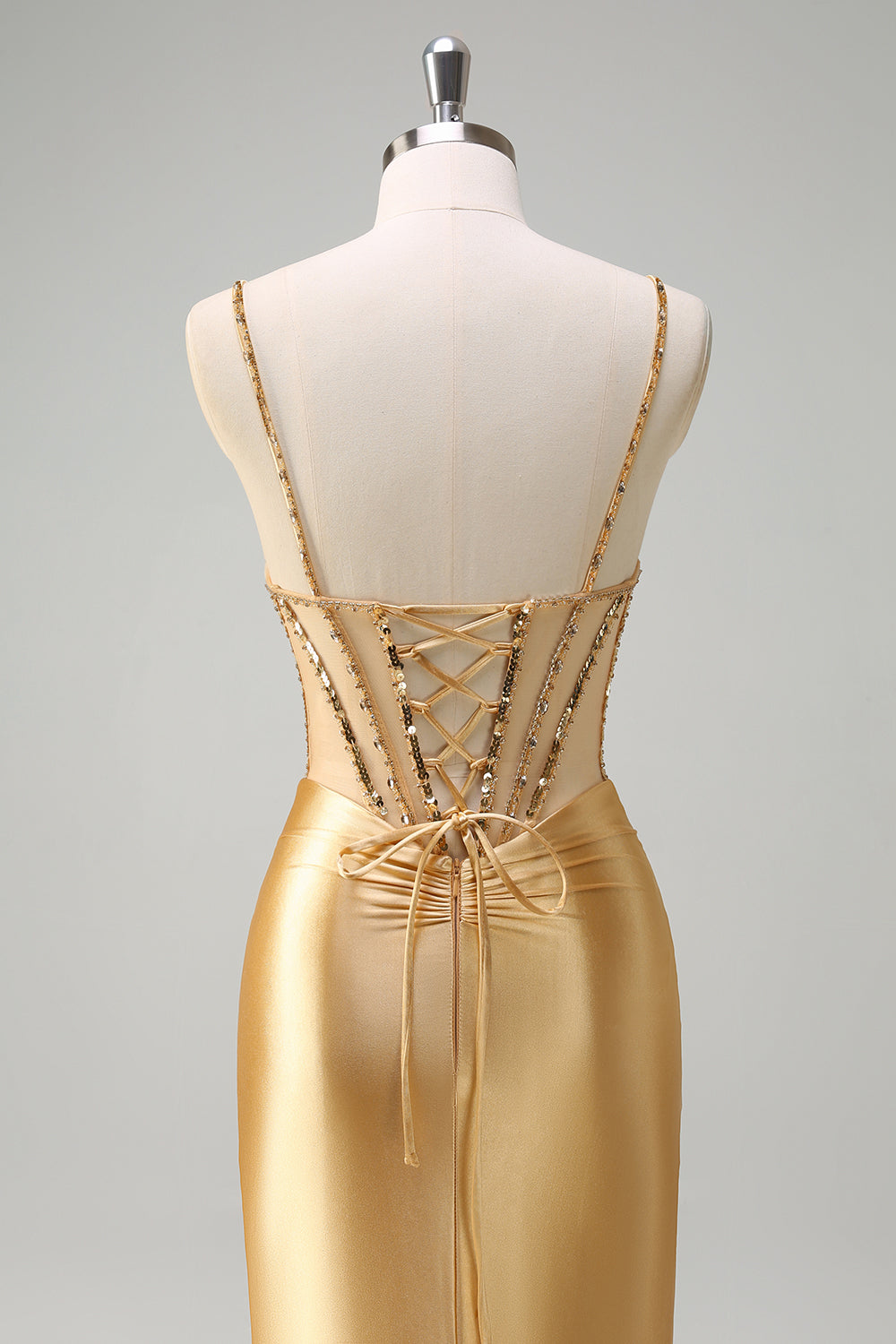 Sparkly Gold Spaghetti Straps Satin Mermaid Long Corset Prom Dress with Sequins