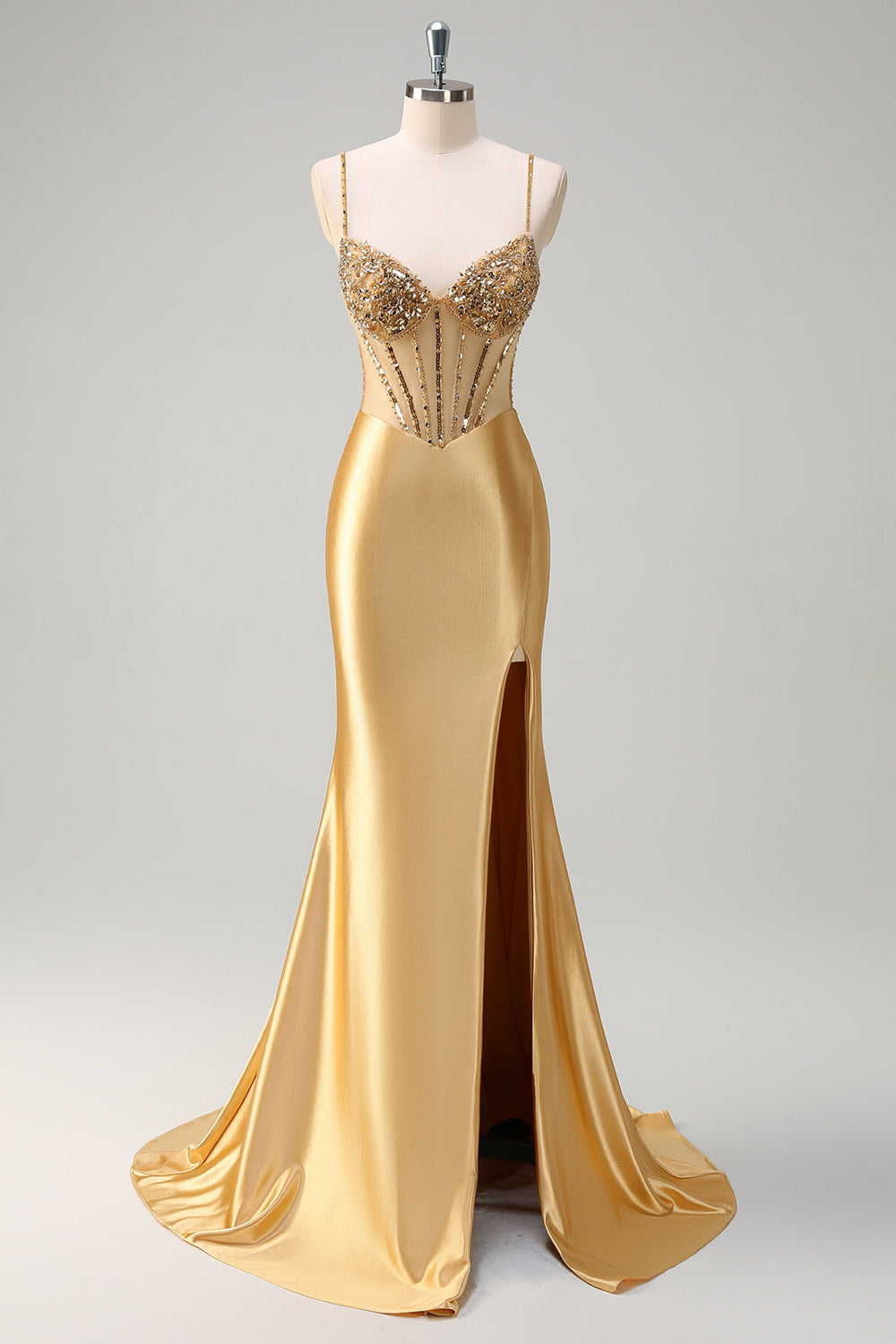 Sparkly Gold Spaghetti Straps Satin Mermaid Long Corset Prom Dress with Sequins