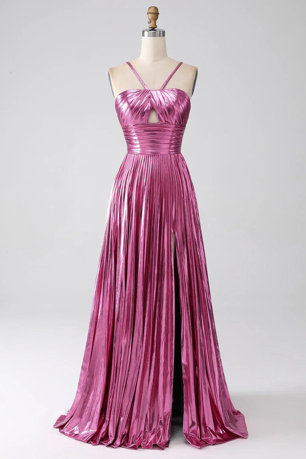 Sparkly Golden A Line Halter Neck Long Prom Dress with Keyhole Slit